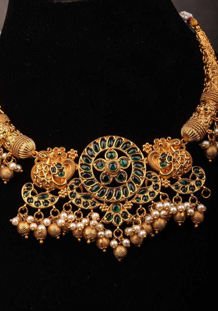 Hasli inspired Ethnic Necklace With Green stone and dangling beads