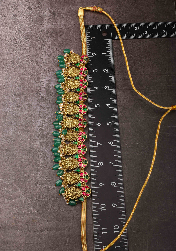 Nagas Lakshmi Necklace with Multicolor stone and green dangling beads
