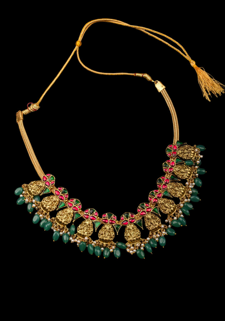 Nagas Lakshmi Necklace with Multicolor stone and green dangling beads