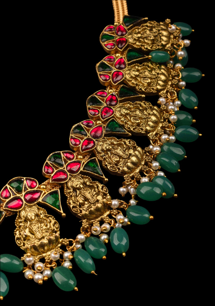 Nagas Lakshmi Necklace with Multicolor stone and green dangling beads