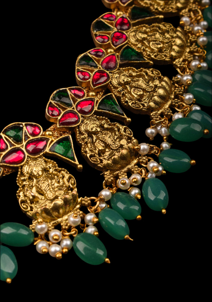 Nagas Lakshmi Necklace with Multicolor stone and green dangling beads