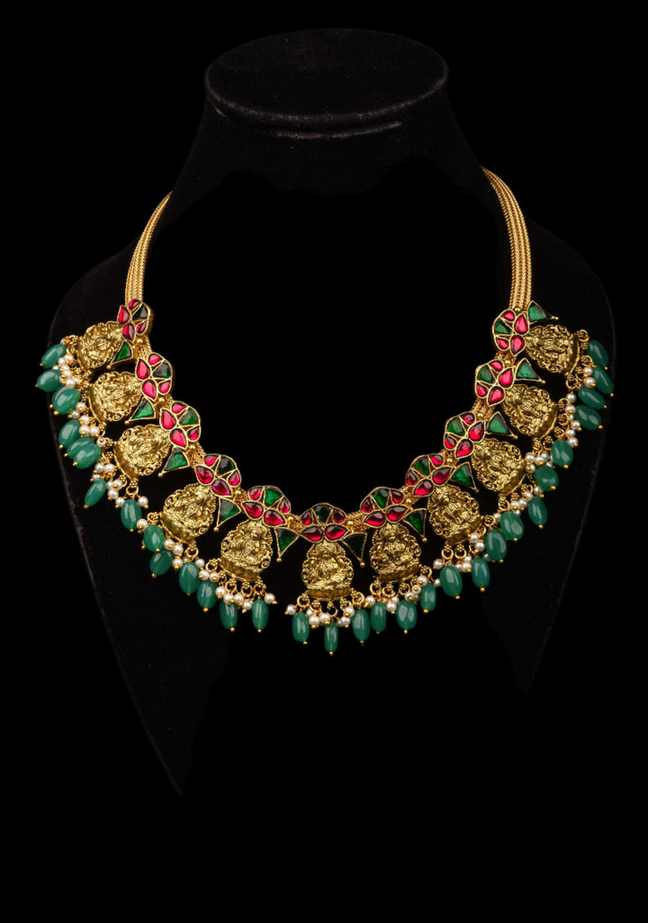 Nagas Lakshmi Necklace with Multicolor stone and green dangling beads