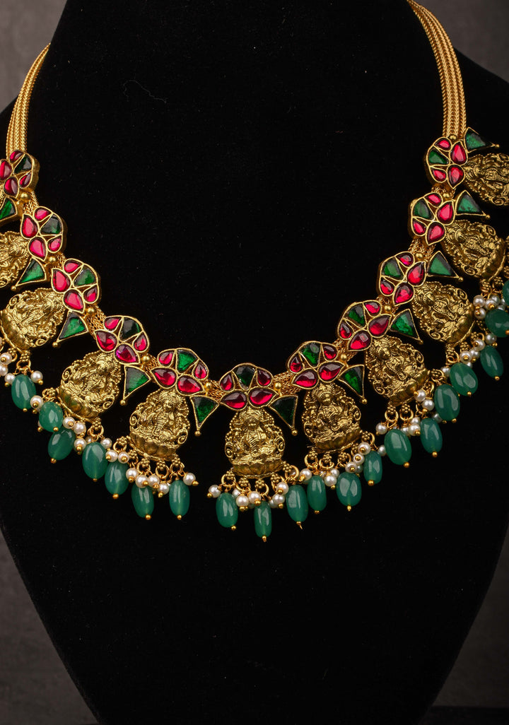 Nagas Lakshmi Necklace with Multicolor stone and green dangling beads