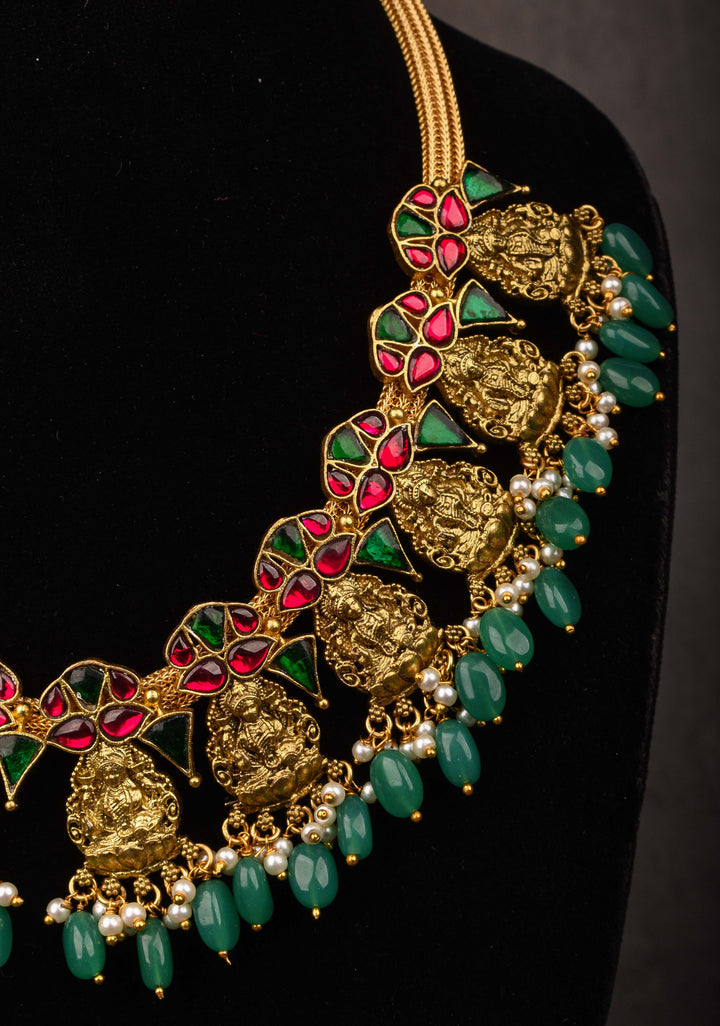 Nagas Lakshmi Necklace with Multicolor stone and green dangling beads