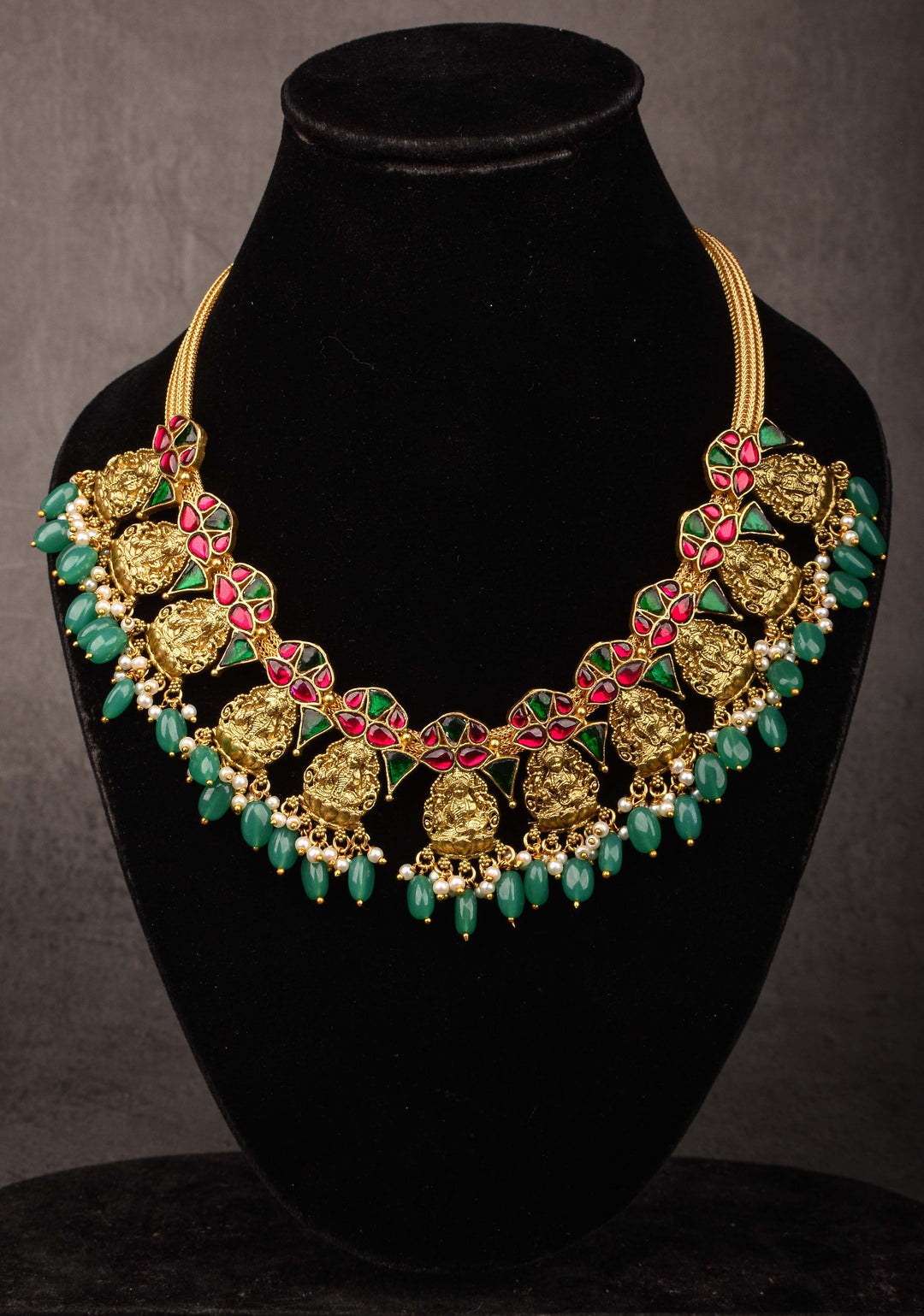 Nagas Lakshmi Necklace with Multicolor stone and green dangling beads