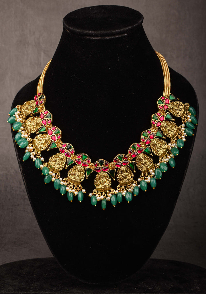 Nagas Lakshmi Necklace with Multicolor stone and green dangling beads