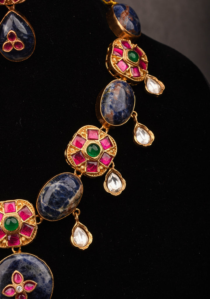 Chunky Blue Stone with Pink, Green Kundan Necklace Set and Dangling White Stone