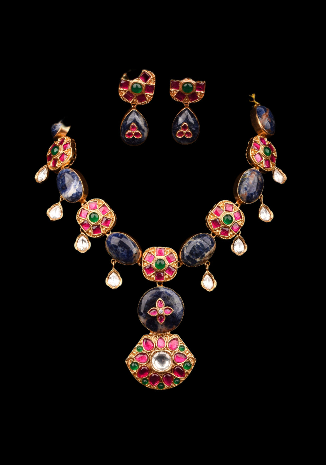 Chunky Blue Stone with Pink, Green Kundan Necklace Set and Dangling White Stone