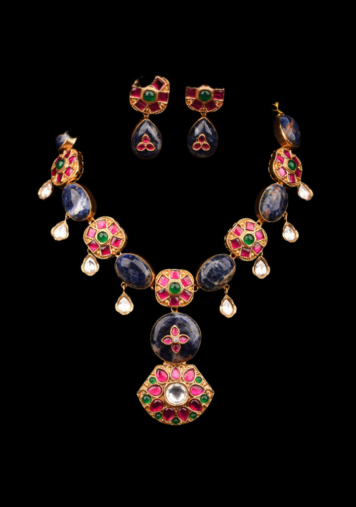 Chunky Blue Stone with Pink, Green Kundan Necklace Set and Dangling White Stone