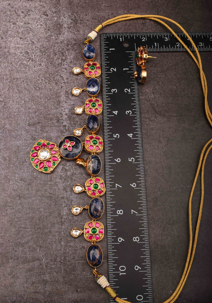Chunky Blue Stone with Pink, Green Kundan Necklace Set and Dangling White Stone