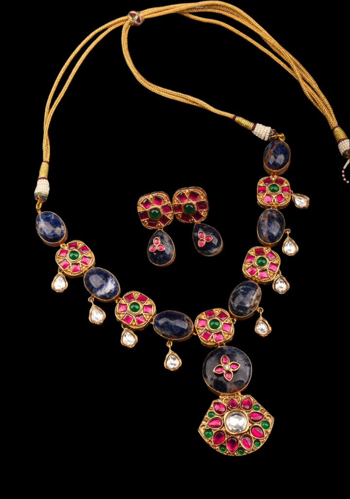 Chunky Blue Stone with Pink, Green Kundan Necklace Set and Dangling White Stone
