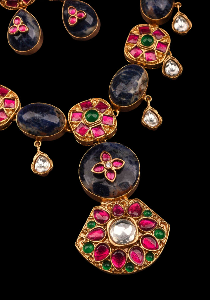 Chunky Blue Stone with Pink, Green Kundan Necklace Set and Dangling White Stone