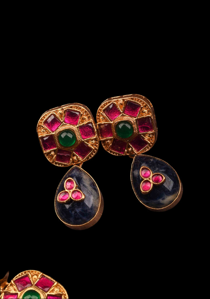 Chunky Blue Stone with Pink, Green Kundan Necklace Set and Dangling White Stone