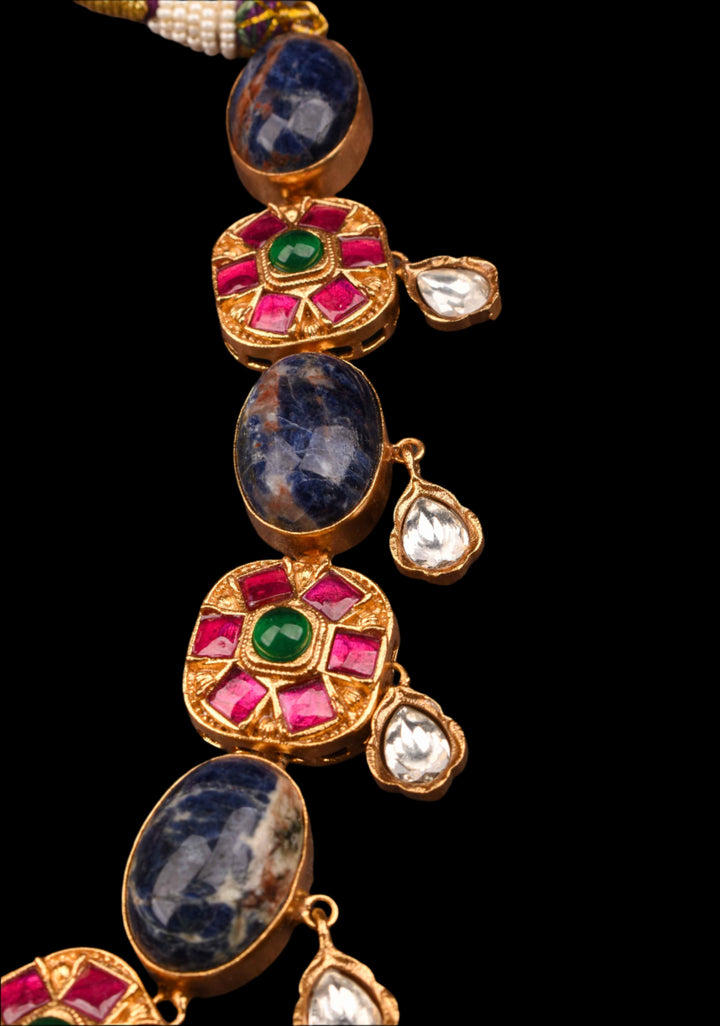 Chunky Blue Stone with Pink, Green Kundan Necklace Set and Dangling White Stone