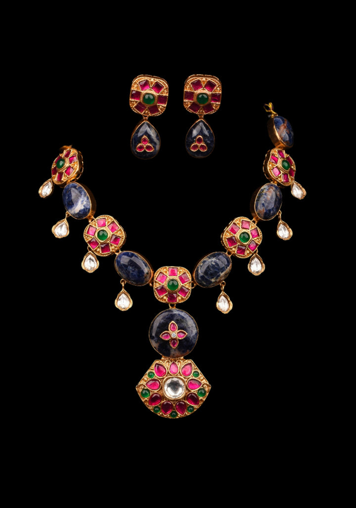 Chunky Blue Stone with Pink, Green Kundan Necklace Set and Dangling White Stone