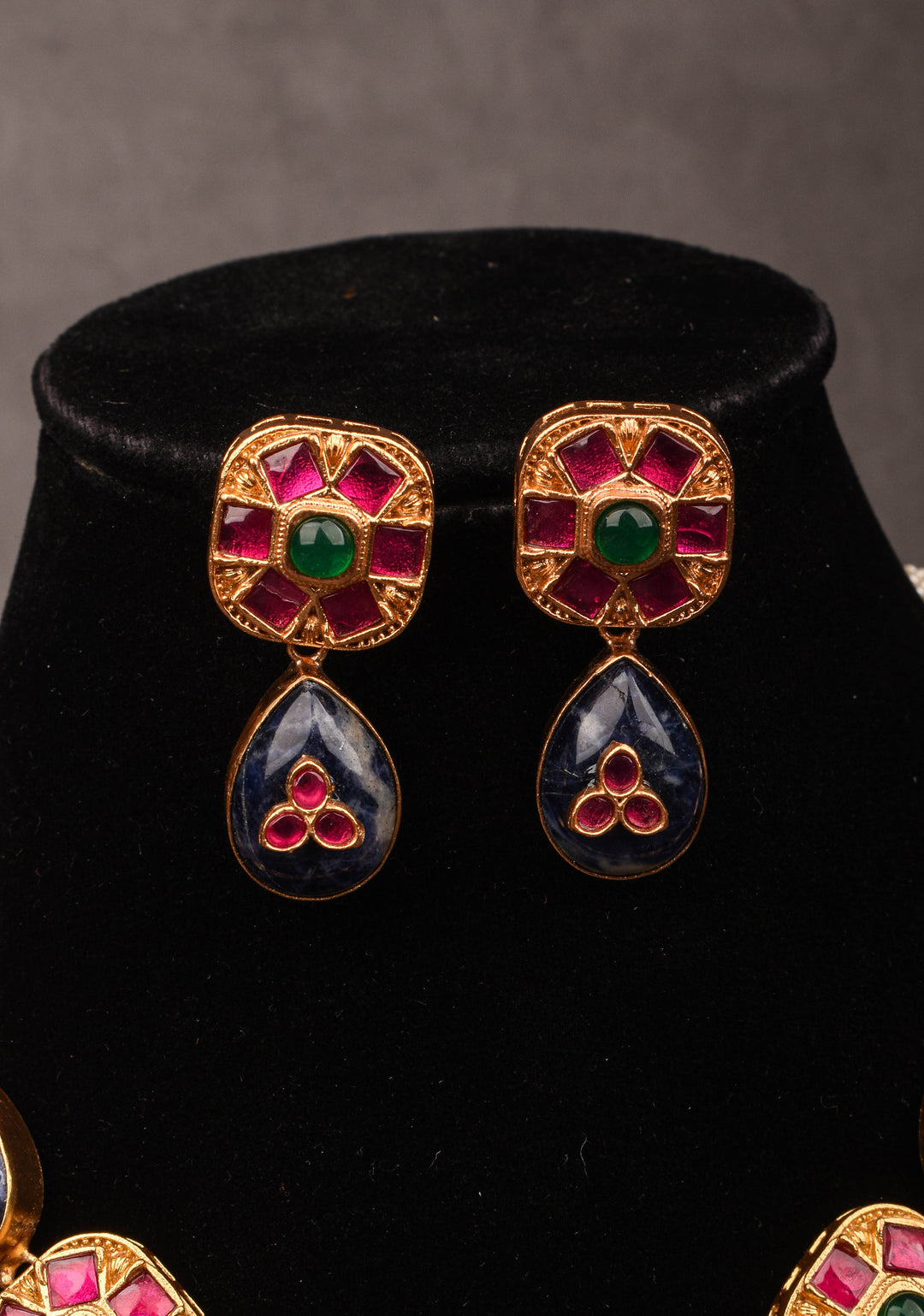 Chunky Blue Stone with Pink, Green Kundan Necklace Set and Dangling White Stone