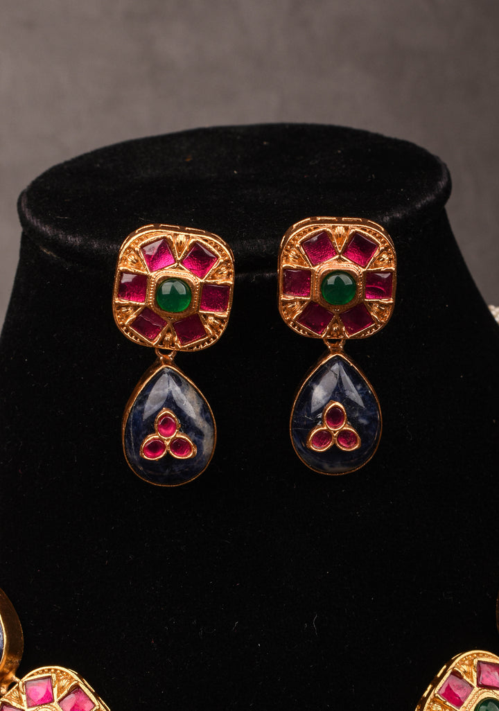 Chunky Blue Stone with Pink, Green Kundan Necklace Set and Dangling White Stone