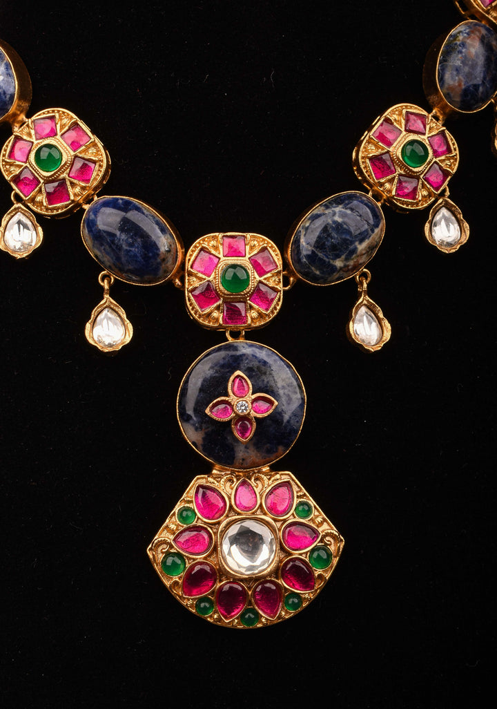 Chunky Blue Stone with Pink, Green Kundan Necklace Set and Dangling White Stone