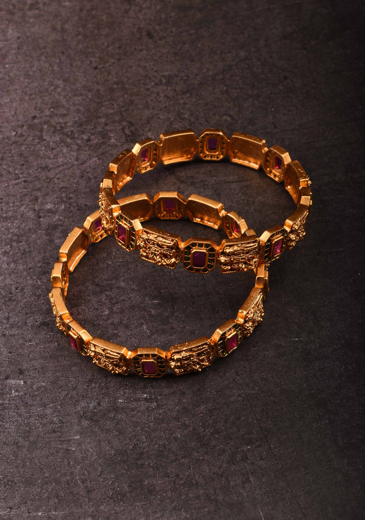 Gold-Plated Temple Design Bangles with Kemp Stone Accents, Size 2.5"