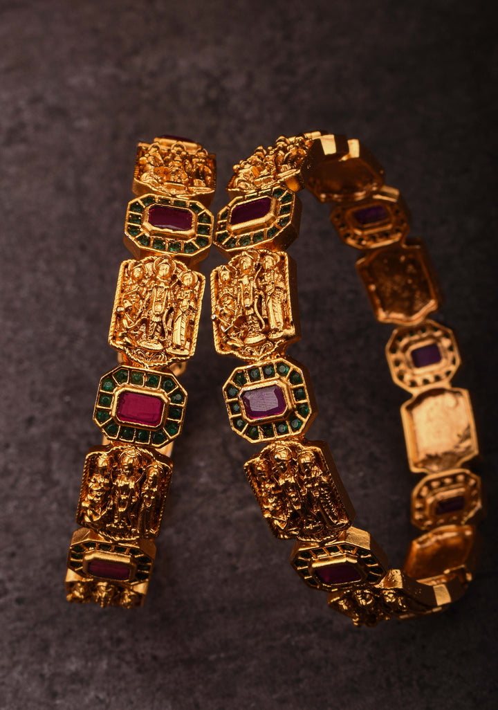 Gold-Plated Temple Design Bangles with Kemp Stone Accents, Size 2.5"