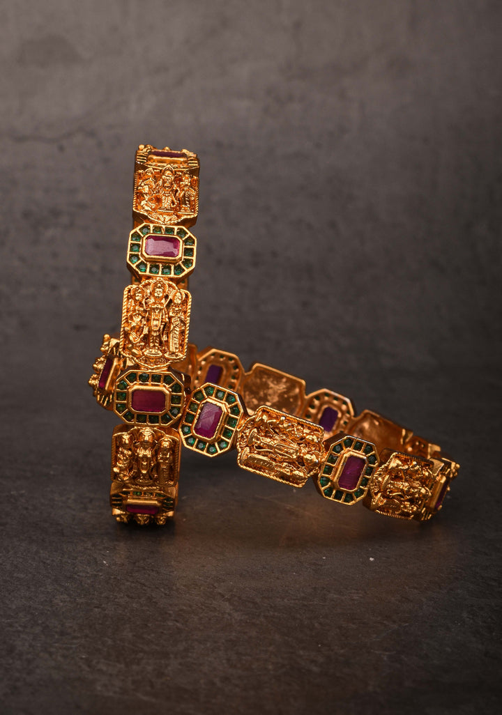 Gold-Plated Temple Design Bangles with Kemp Stone Accents, Size 2.5"