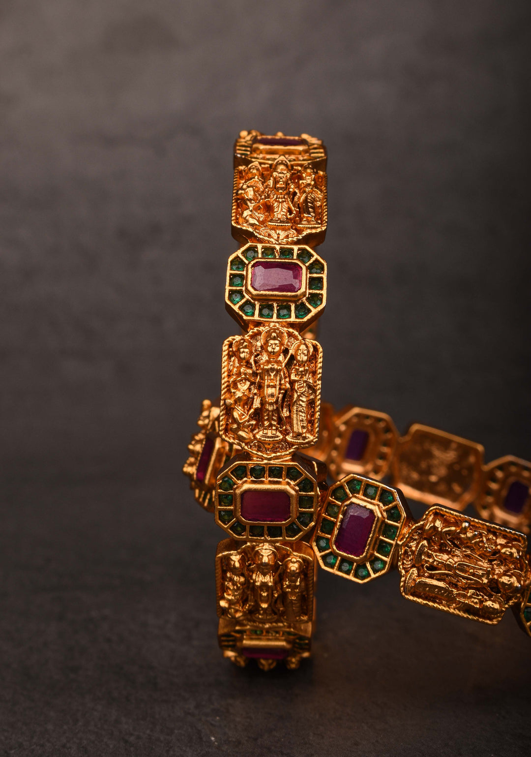 Gold-Plated Temple Design Bangles with Kemp Stone Accents, Size 2.5"
