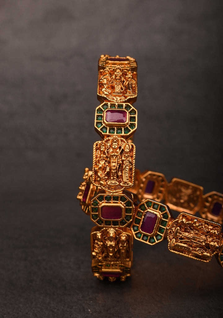 Gold-Plated Temple Design Bangles with Kemp Stone Accents, Size 2.5"
