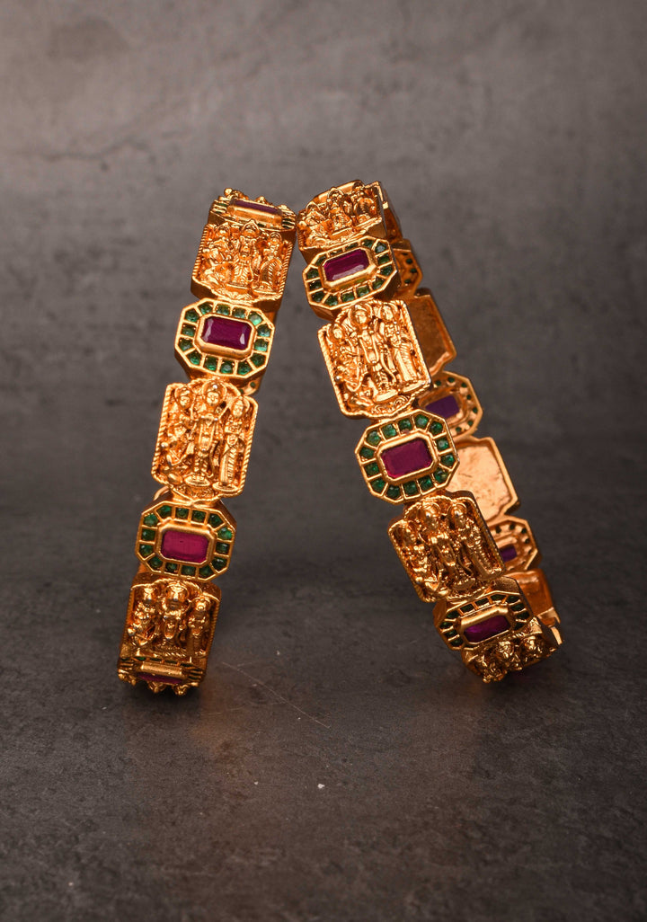 Gold-Plated Temple Design Bangles with Kemp Stone Accents, Size 2.5"