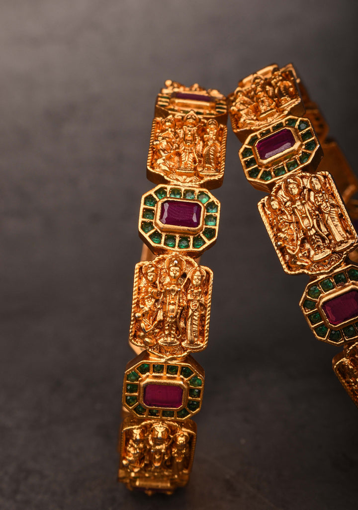 Gold-Plated Temple Design Bangles with Kemp Stone Accents, Size 2.5"