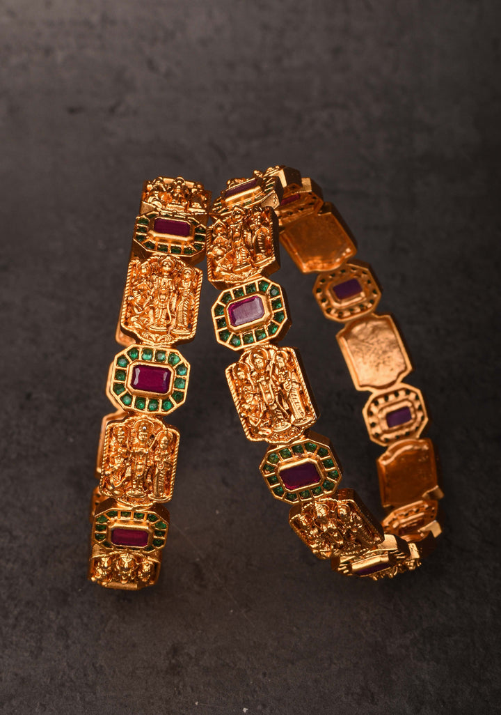 Gold-Plated Temple Design Bangles with Kemp Stone Accents, Size 2.5"