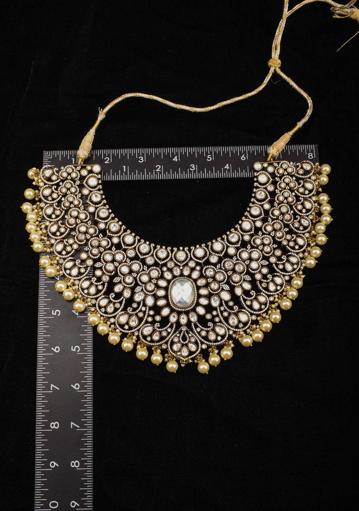 Victorian Finish White stone Heavy Necklace with dangling Pearls, No Earrings