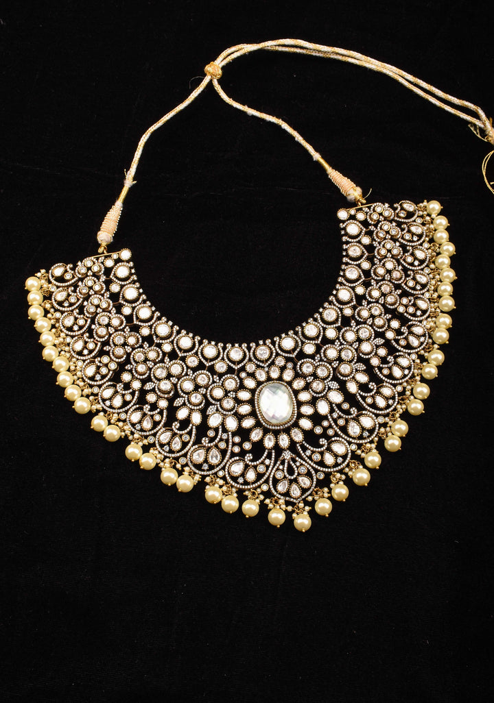 Victorian Finish White stone Heavy Necklace with dangling Pearls, No Earrings