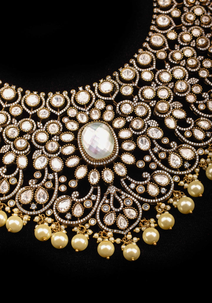 Victorian Finish White stone Heavy Necklace with dangling Pearls, No Earrings
