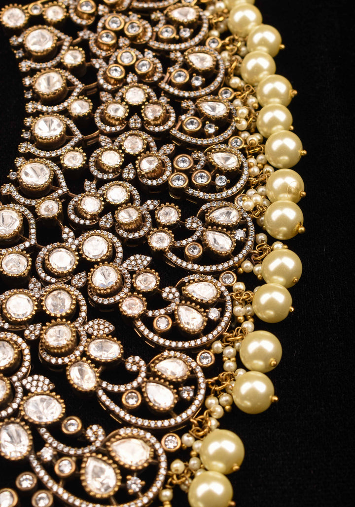 Victorian Finish White stone Heavy Necklace with dangling Pearls, No Earrings