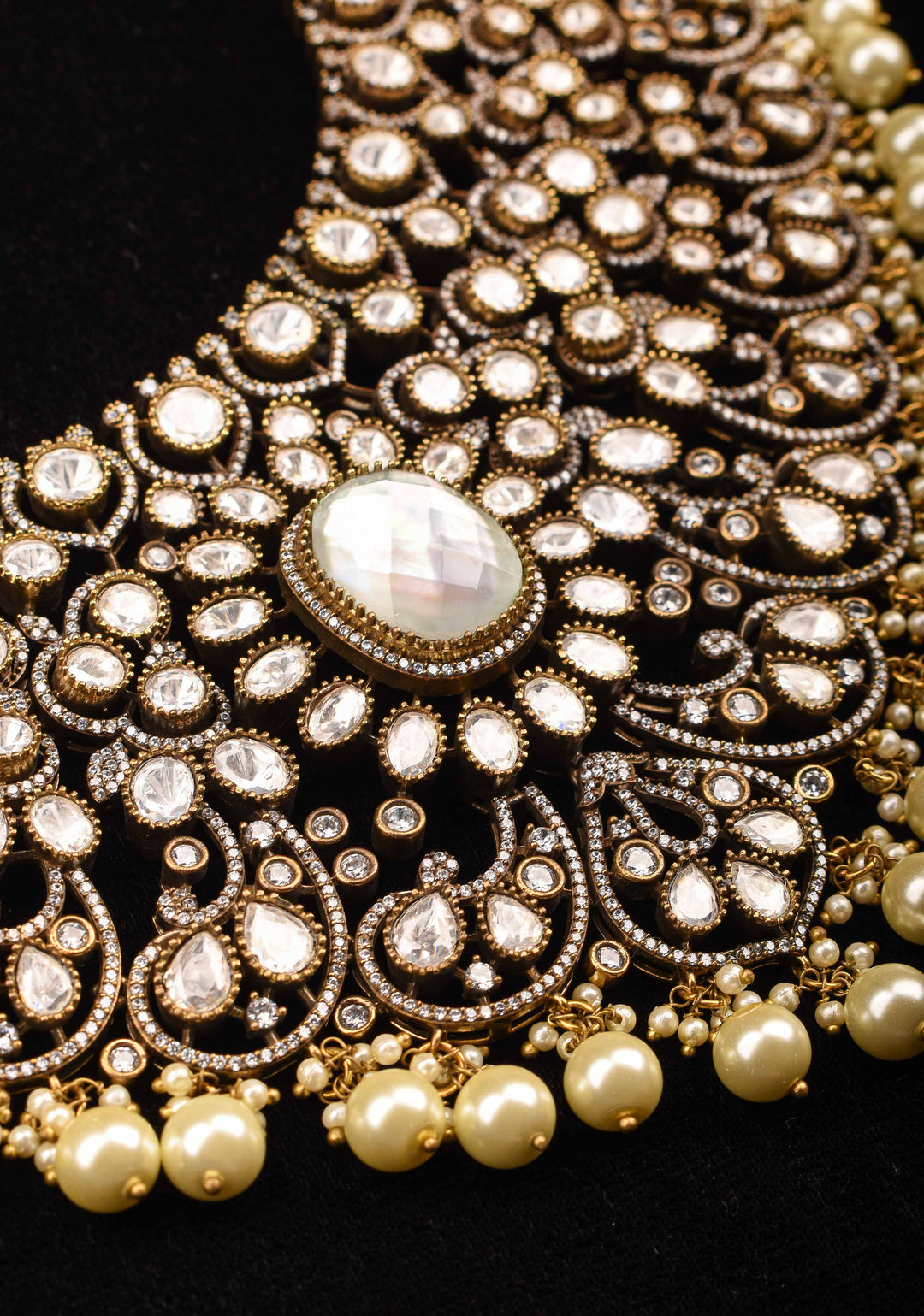 Victorian Finish White stone Heavy Necklace with dangling Pearls, No Earrings