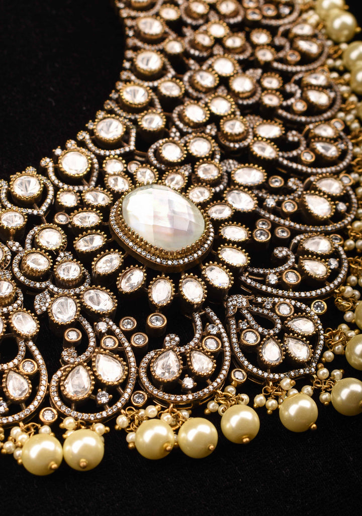 Victorian Finish White stone Heavy Necklace with dangling Pearls, No Earrings