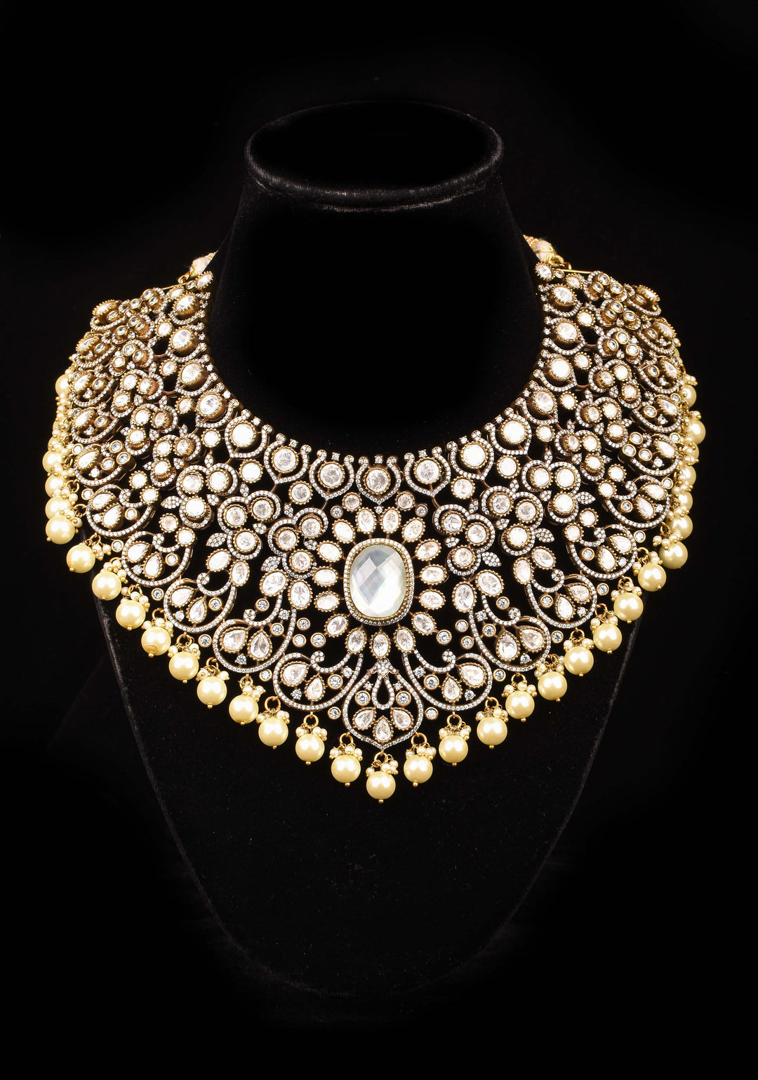 Victorian Finish White stone Heavy Necklace with dangling Pearls, No Earrings