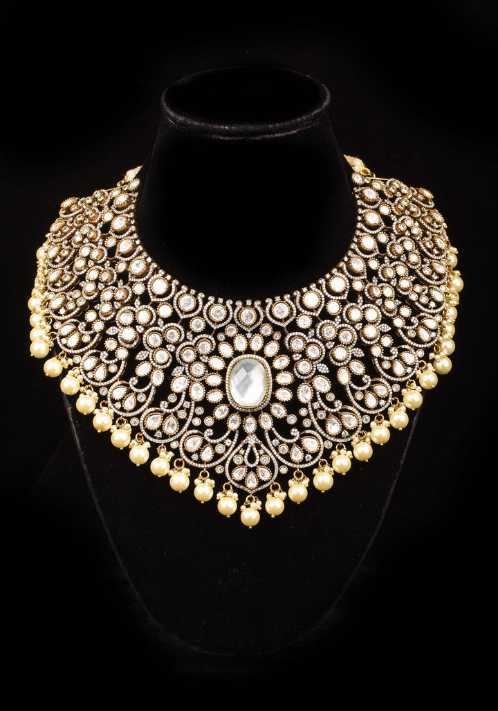 Victorian Finish White stone Heavy Necklace with dangling Pearls, No Earrings