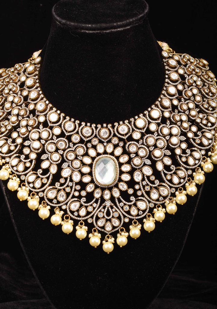 Victorian Finish White stone Heavy Necklace with dangling Pearls, No Earrings