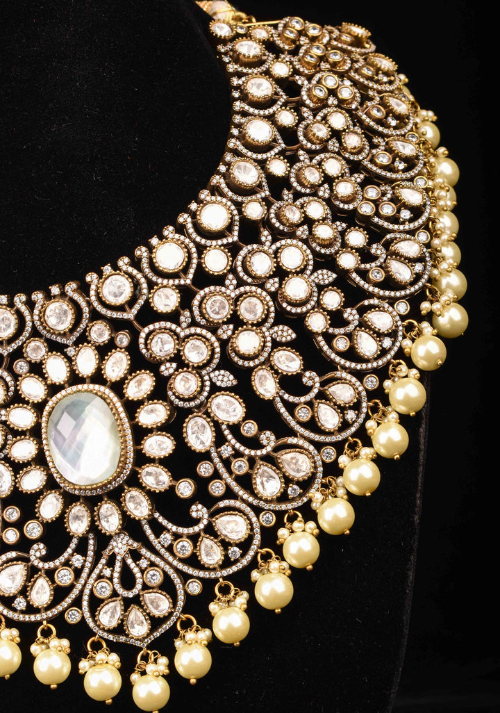 Victorian Finish White stone Heavy Necklace with dangling Pearls, No Earrings