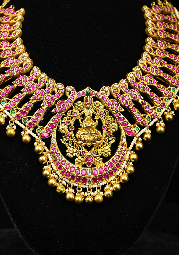Exquisite Closed Neck Jadau Necklace with lakshmi Pendant and Dangling Pearls, No Earrings | Shobitam jewelry