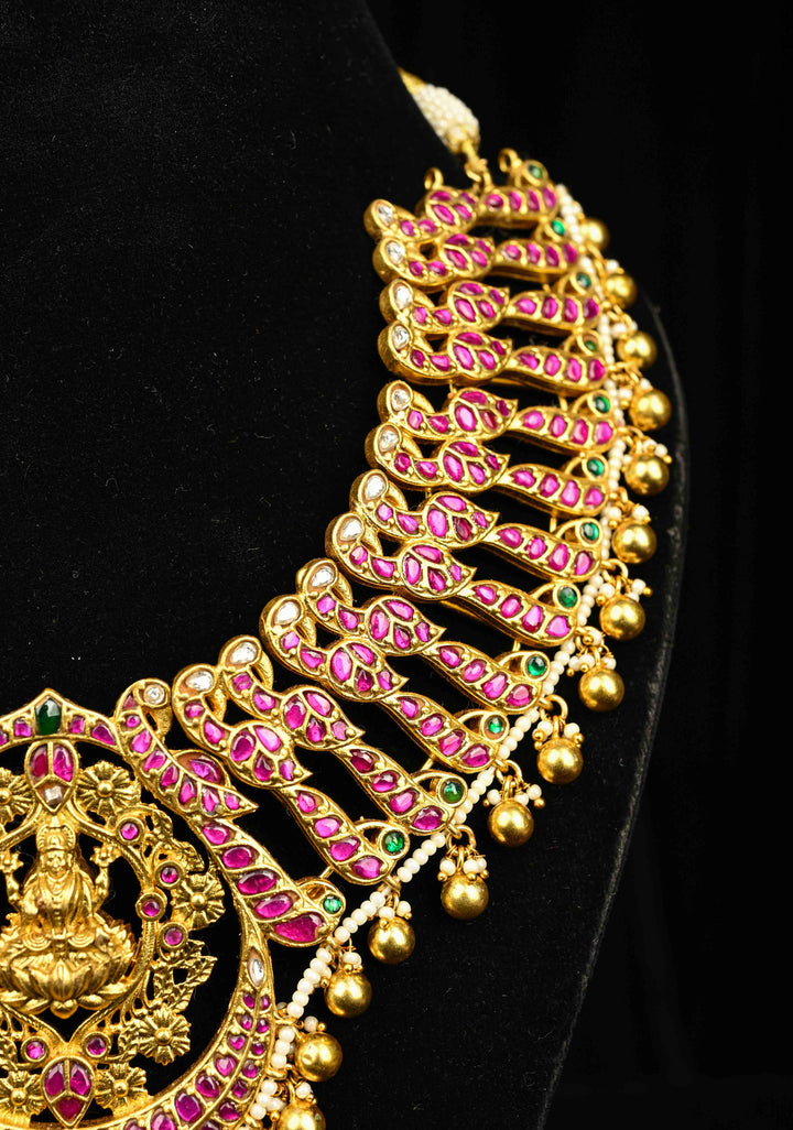 Exquisite Closed Neck Jadau Necklace with lakshmi Pendant and Dangling Pearls, No Earrings | Shobitam jewelry