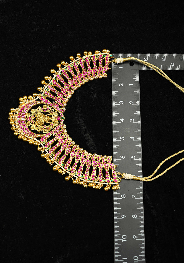 Exquisite Closed Neck Jadau Necklace with lakshmi Pendant and Dangling Pearls, No Earrings | Shobitam jewelry