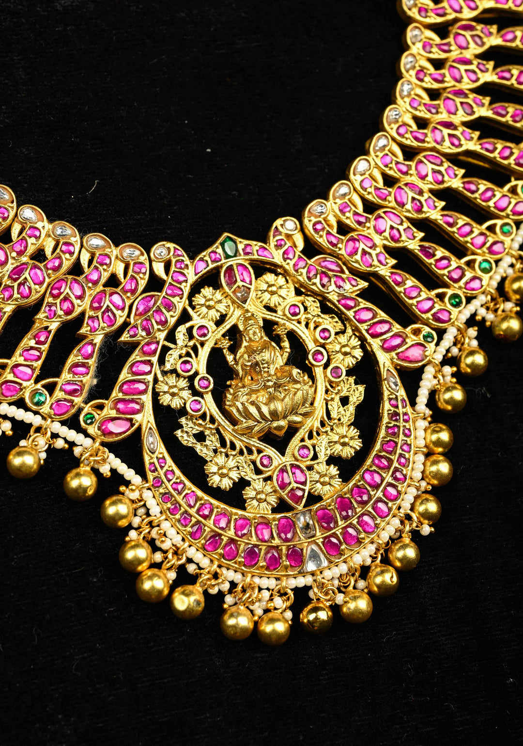 Exquisite Closed Neck Jadau Necklace with lakshmi Pendant and Dangling Pearls, No Earrings | Shobitam jewelry