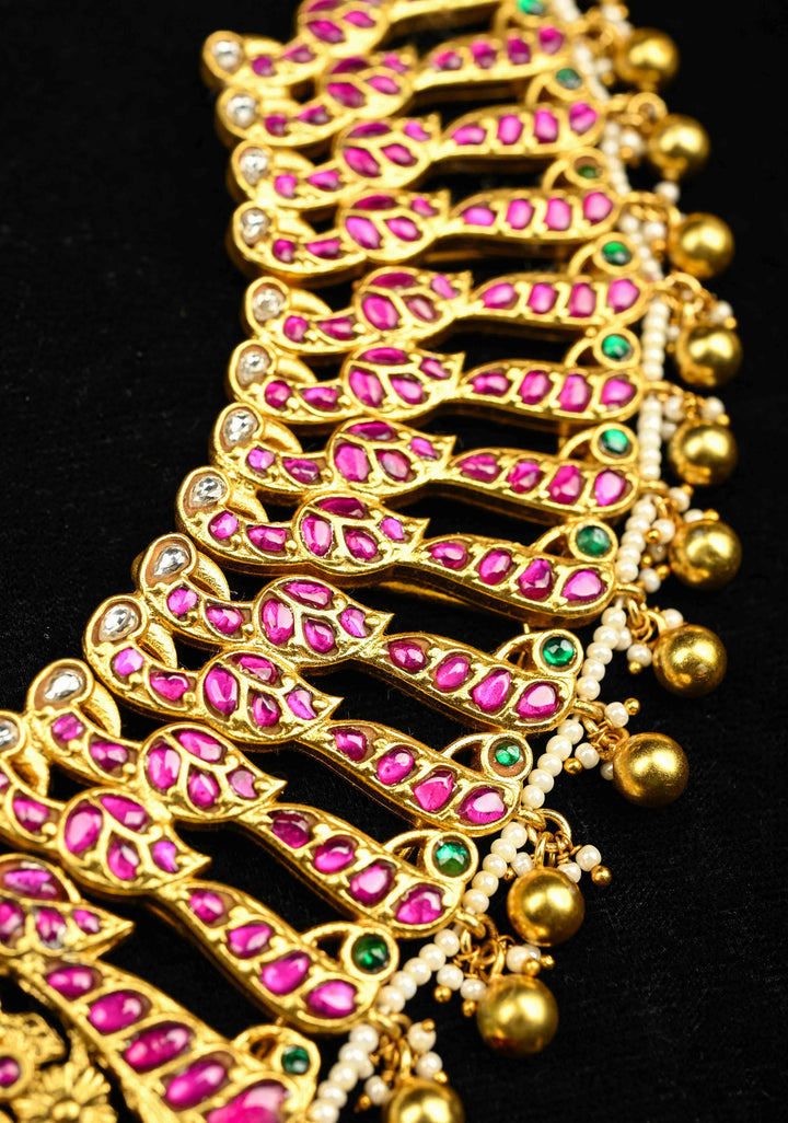 Exquisite Closed Neck Jadau Necklace with lakshmi Pendant and Dangling Pearls, No Earrings | Shobitam jewelry