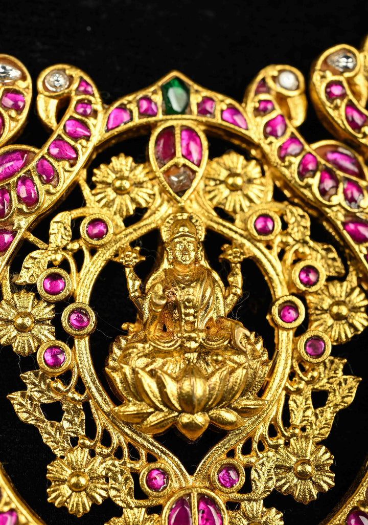 Exquisite Closed Neck Jadau Necklace with lakshmi Pendant and Dangling Pearls, No Earrings | Shobitam jewelry