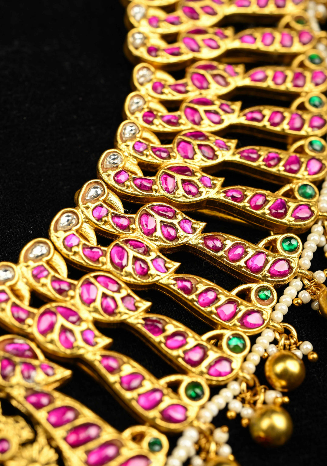 Exquisite Closed Neck Jadau Necklace with lakshmi Pendant and Dangling Pearls, No Earrings | Shobitam jewelry