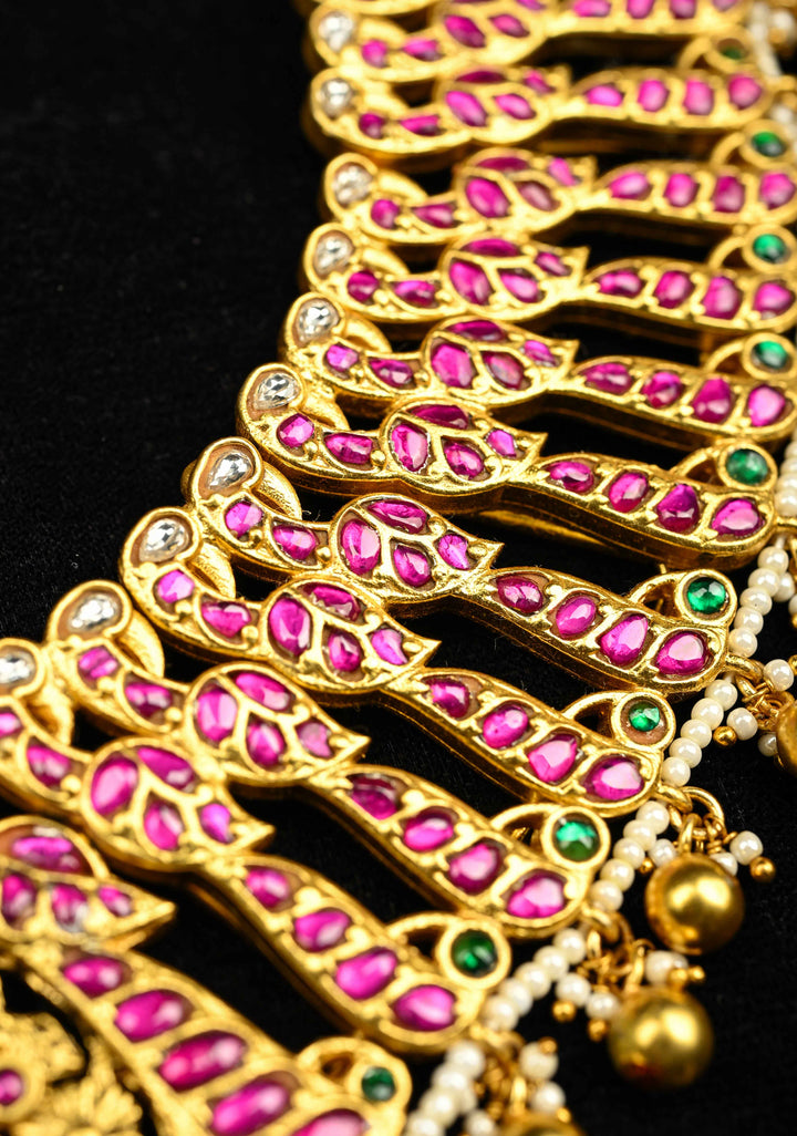 Exquisite Closed Neck Jadau Necklace with lakshmi Pendant and Dangling Pearls, No Earrings | Shobitam jewelry