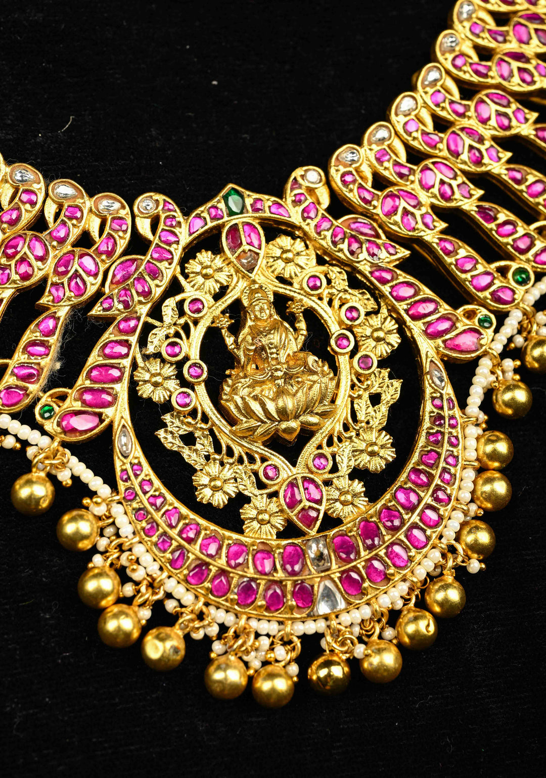 Exquisite Closed Neck Jadau Necklace with lakshmi Pendant and Dangling Pearls, No Earrings | Shobitam jewelry