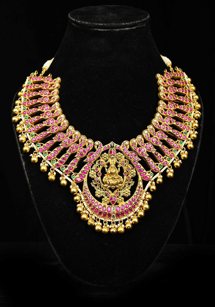 Exquisite Closed Neck Jadau Necklace with lakshmi Pendant and Dangling Pearls, No Earrings | Shobitam jewelry